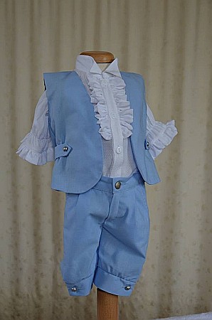 Costum botez baiat bleu de vara, LUCE din in bleu si bumbac alb, 5 piese [3]