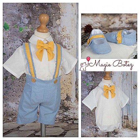 Costume Botez - Costum botez baiat bleu racoros pentru vara LITTLE BEN, 4 piese