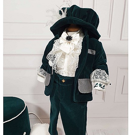 Costum botez baiat catifea verde Micul Print LUKAS, 6 piese [3]