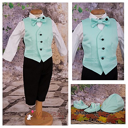 Costume Botez - Costum botez baiat de vara AQUA BOY cu vesta tafta aqua si stofa neagra