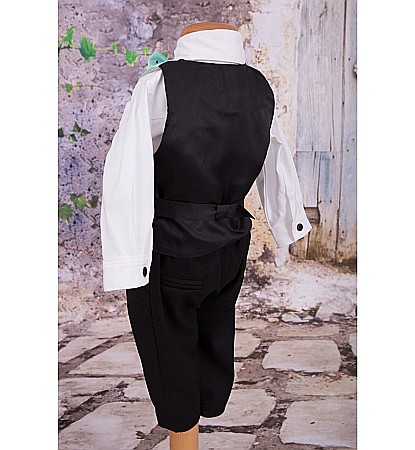 Costum botez baiat de vara AQUA BOY cu vesta tafta aqua si stofa neagra [4]