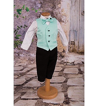 Costum botez baiat de vara AQUA BOY cu vesta tafta aqua si stofa neagra [2]