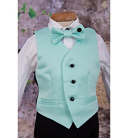 Costum botez baiat de vara AQUA BOY cu vesta tafta aqua si stofa neagra [1]