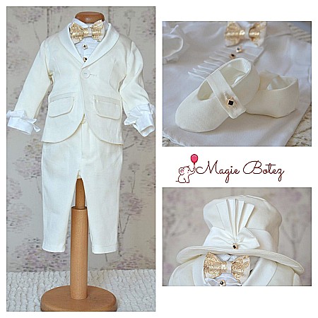 Costume Botez - Costum botez baiat de vara cu bumbac ivoire CAVALIERE, 6 piese