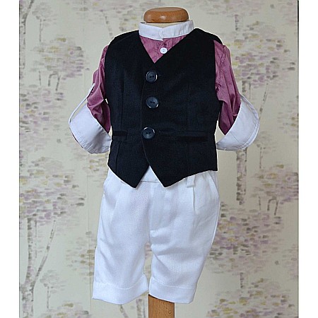 Costume Botez - Costum botez baiat de vara Lila Gentleman vesta catifea stofa alba, 5 piese