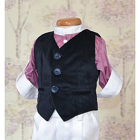 Costum botez baiat de vara Lila Gentleman vesta catifea stofa alba, 5 piese [2]