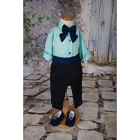Costum botez baiat de vara MINT TRACE bleumarin si verde menta, 4 piese [1]