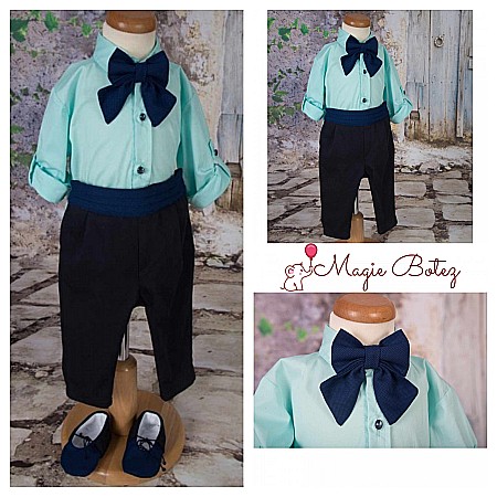 Costume Botez - Costum botez baiat de vara MINT TRACE bleumarin si verde menta, 4 piese