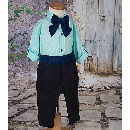 Costum botez baiat de vara MINT TRACE bleumarin si verde menta, 4 piese [3]