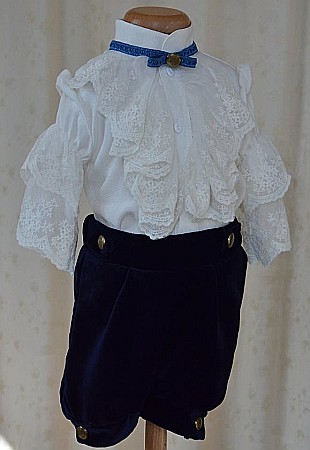 Costum botez baiat model print LUCIAN, de vara, din catifea albastra 4 piese [1]