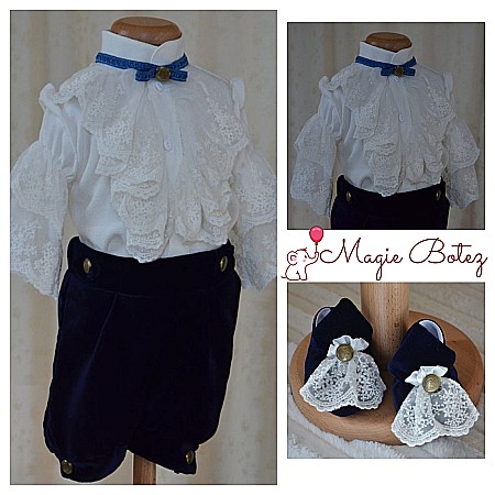 Costume Botez - Costum botez baiat model print LUCIAN, de vara, din catifea albastra 4 piese