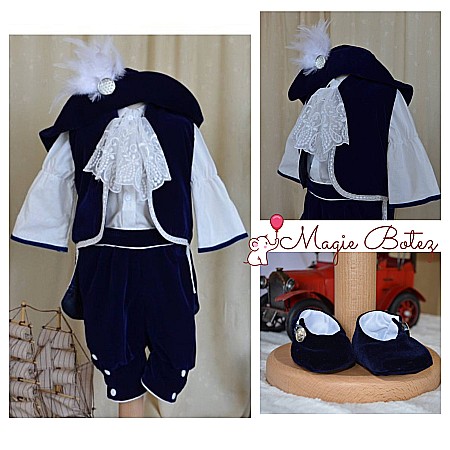 Costume Botez - Costum botez baiat pentru vara albastru model print catifea albastra D Artagnan