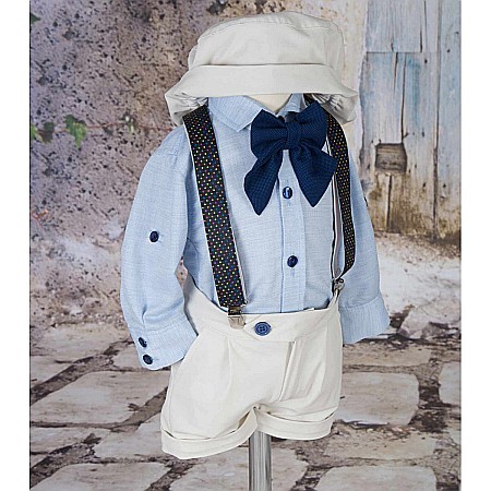 Costum botez baiat pentru vara bleu ROBY, din bumbac, camasa tip body, 6 piese [3]