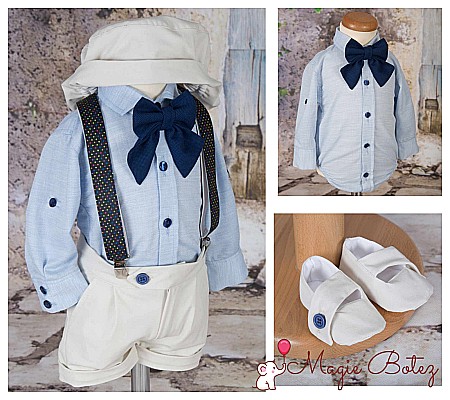 Costume Botez - Costum botez baiat pentru vara bleu ROBY, din bumbac, camasa tip body, 6 piese