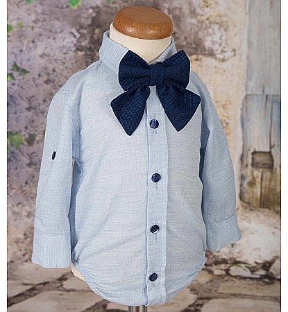 Costum botez baiat pentru vara bleu ROBY, din bumbac, camasa tip body, 6 piese [4]