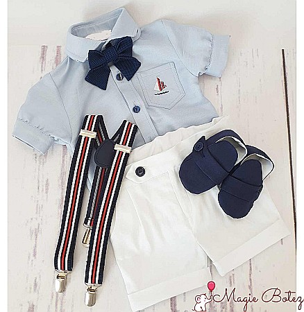 Costum botez baiat pentru vara Matelot, din bumbac, camasa tip body, 5 piese [1]