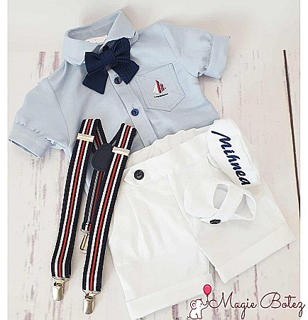 Costum botez baiat pentru vara Matelot, din bumbac, camasa tip body, 5 piese [3]