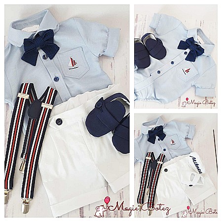 Costume Botez - Costum botez baiat pentru vara Matelot, din bumbac, camasa tip body, 5 piese