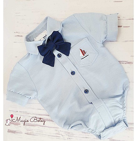 Costum botez baiat pentru vara Matelot, din bumbac, camasa tip body, 5 piese [2]