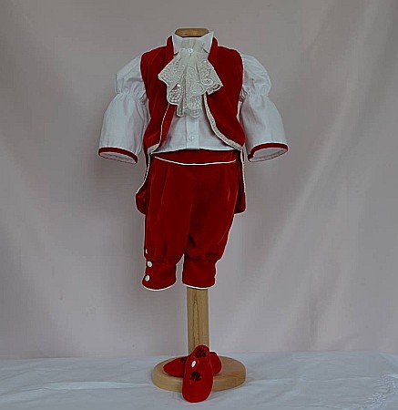 Costum botez baiat rosu model print Mozart, din catifea rosie, 6 piese [1]