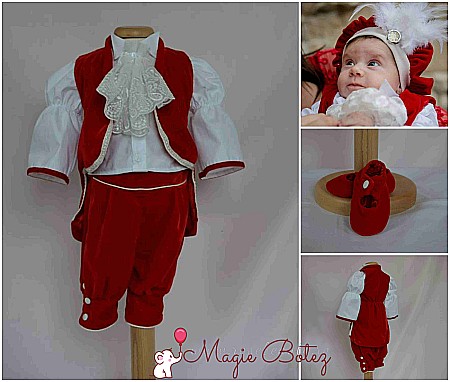 Costume Botez - Costum botez baiat rosu model print Mozart, din catifea rosie, 6 piese