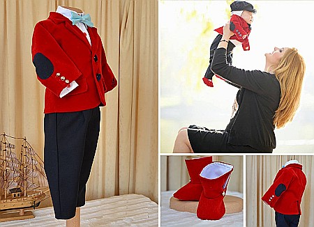 Costume Botez - Costum botez baiat rosu THOMAS set catifea si stofa bleumarin