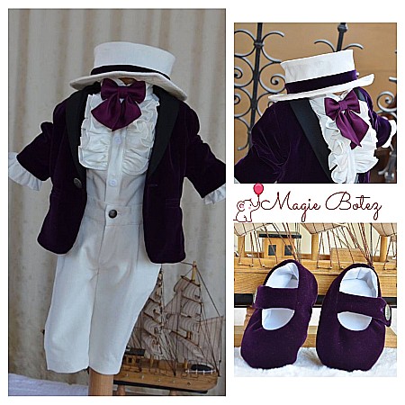 Costume Botez - Costum botez baiat superb de vara, Knight Velvet din catifea mov, 6 piese