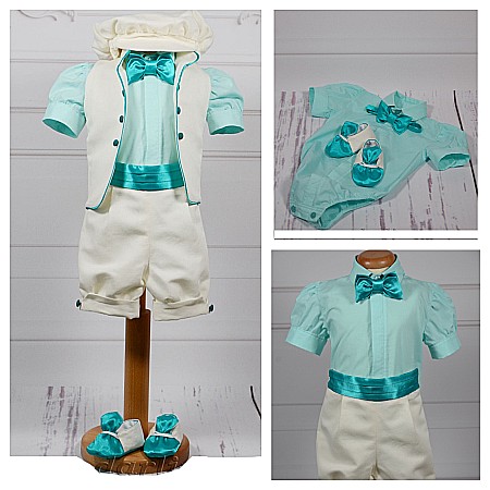 Costume Botez - Costum botez baiat vara Tourquoise, camasa body, 6 piese