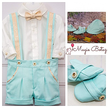 Costume Botez - Costum botez baiat vara, verde menta, ARON, camasa body, 5 piese