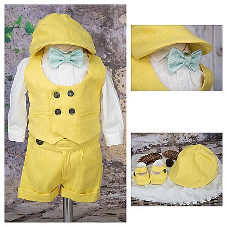 Rochite de Botez - Costum botez baieti galben de vara din IN, SUNNY, 6 piese