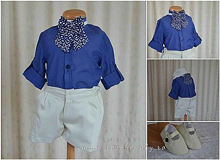 Costume Botez - Costum botez baieti vara bumbac albastru Little Boy, 5 piese