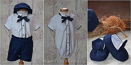 Costume Botez - Costum botez de vara baiat EDY din in albastru, textura mata, camasa tip body, 5 piese