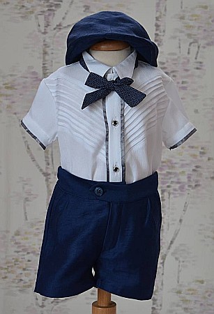 Costum botez de vara baiat EDY din in albastru, textura mata, camasa tip body, 5 piese [1]