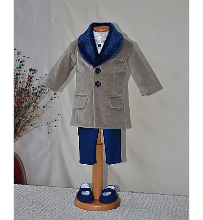 Costume Botez - Costum cu palton botez baieti toamna-iarna din catifea, 7 piese, HUGO