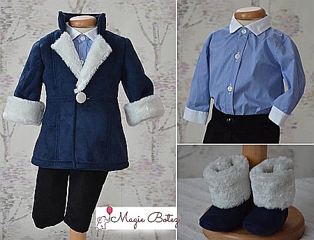 Costum cu palton de botez baieti iarna albastru TUDOR cu cojocel 4 piese [1]