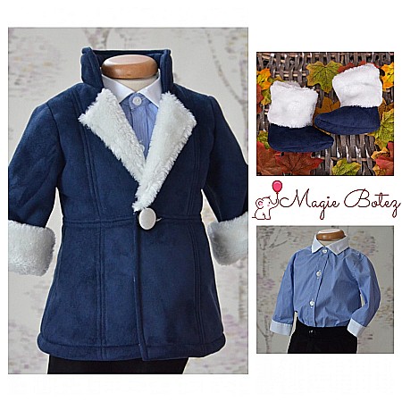Costume Botez - Costum cu palton de botez baieti iarna albastru TUDOR cu cojocel 4 piese