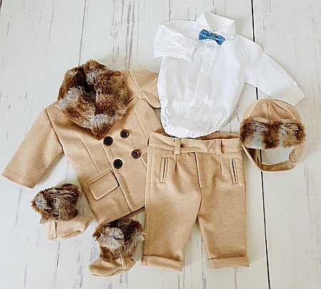 Costume Botez - Costum cu palton de botez baieti pentru iarna din stofa bej Oliver