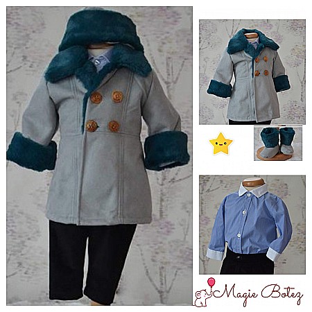 Costume Botez - Costum cu palton de botez bebelusi baieti toamna-iarna 5 piese, PUF GRI