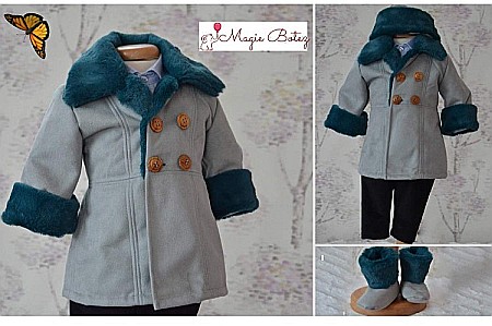 Costum cu palton de botez bebelusi baieti toamna-iarna 5 piese, PUF GRI [1]