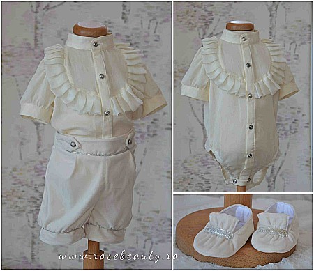 Costume Botez - Costum de botez alb-ivoire baiat de vara VERSAILLES, camasa tip body, 3 piese