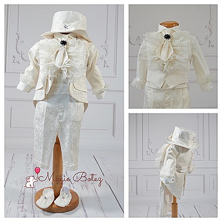 Costume Botez - Costum de botez alb-ivoire baiat Fabian din brocart ivoire, 6 piese