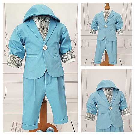 Rochite de Botez - Costum de botez albastru baieti Azzuro de vara din bumbac bleu
