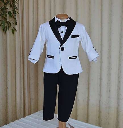 Costume Botez - Costum de botez baiat, Black and White catifea alba stofa neagra, 6 piese, dvb33