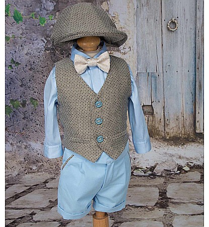 Costume Botez - Costum de botez baiat de vara cu bumbac bleu FRANK, 6 piese