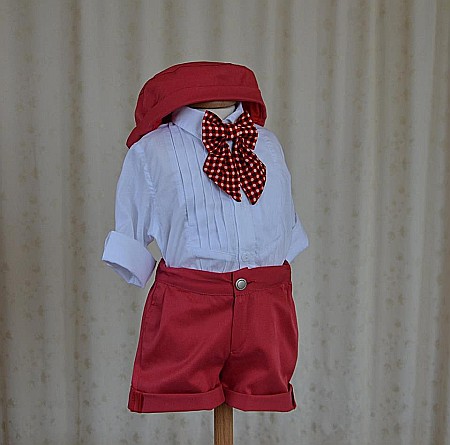 Costum de botez baiat de vara rosu si alb, Short Dots, 4 piese [2]