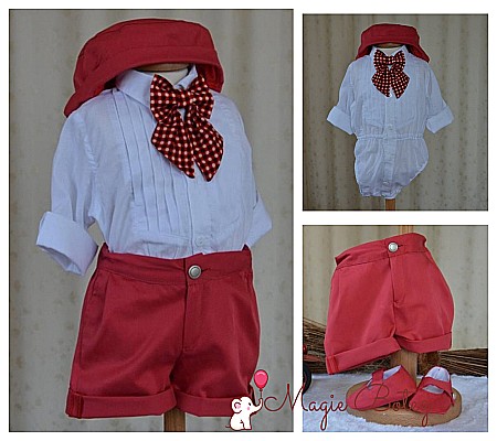 Costume Botez - Costum de botez baiat de vara rosu si alb, Short Dots, 4 piese