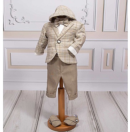 Costum de botez baiat elegant Sabin din stofa bej, croiala moderna, 7piese [1]