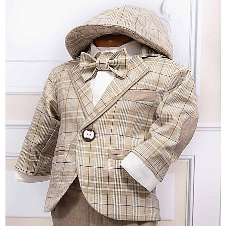 Costum de botez baiat elegant Sabin din stofa bej, croiala moderna, 7piese [4]