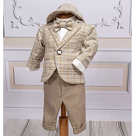 Costume Botez - Costum de botez baiat elegant Sabin din stofa bej, croiala moderna, 7piese