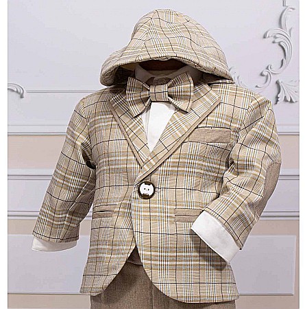 Costum de botez baiat elegant Sabin din stofa bej, croiala moderna, 7piese [2]